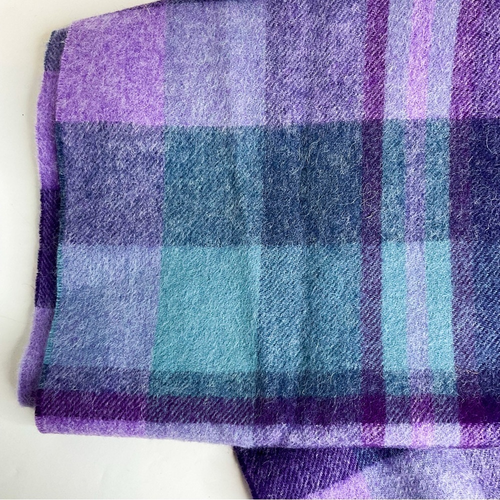 KILTANE of Scotland Purple Blue Plaid Wool Scarf | Fringe Detail - Picture 5 of 6